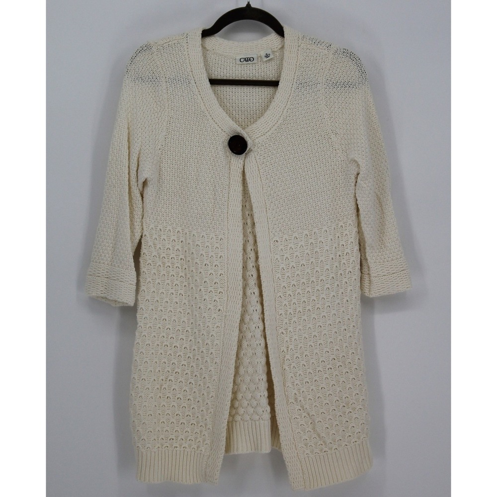 Cato Medium Cream Open Knit Single Button Long Line Cotton‎ Blend Cardigan Y2K